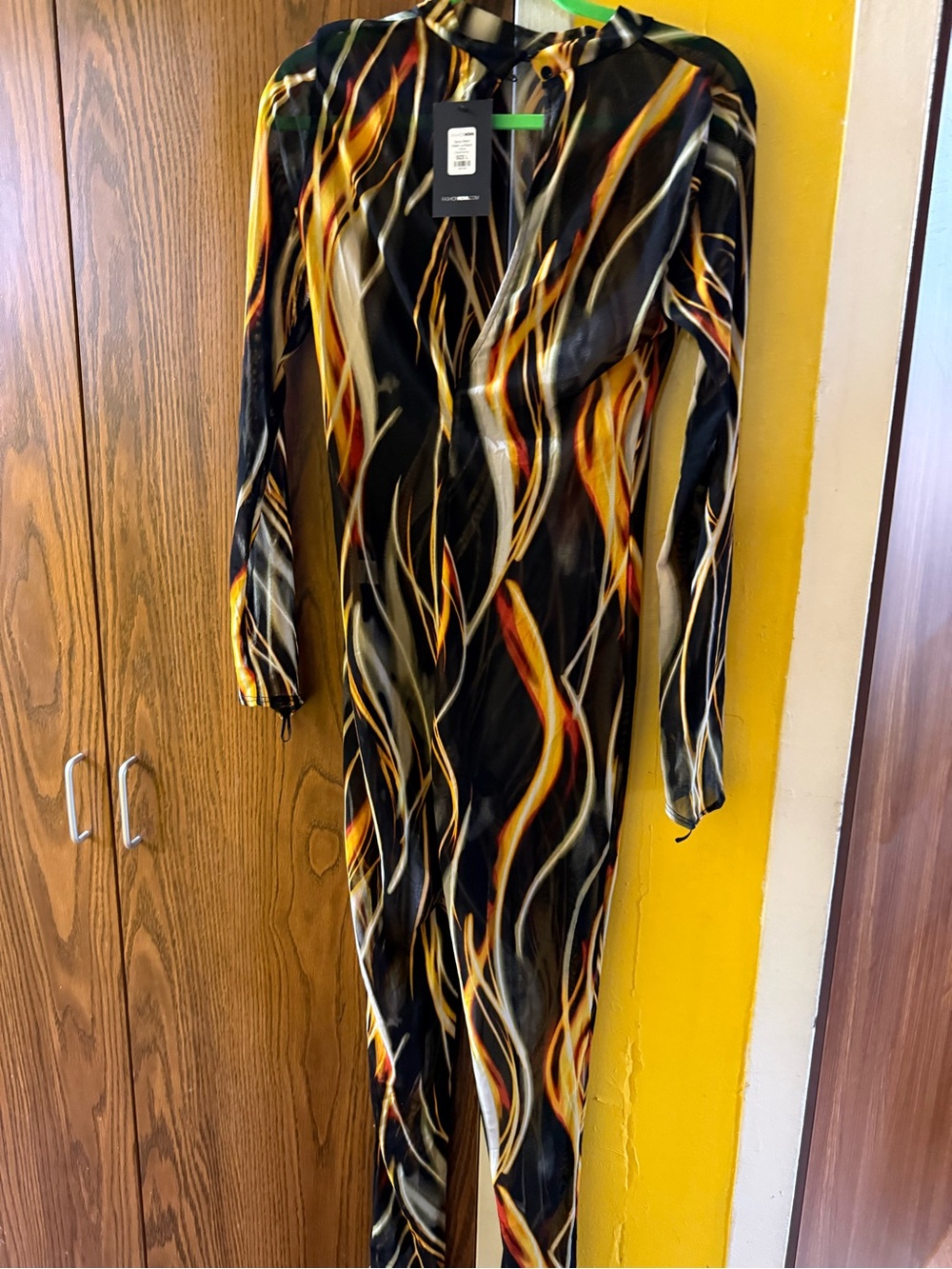 Fashion Nova Black Flame-Print Long Sleeve Bodycon Dress